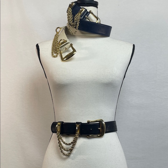 Blue leather vintage chain gold belt Vintage leather